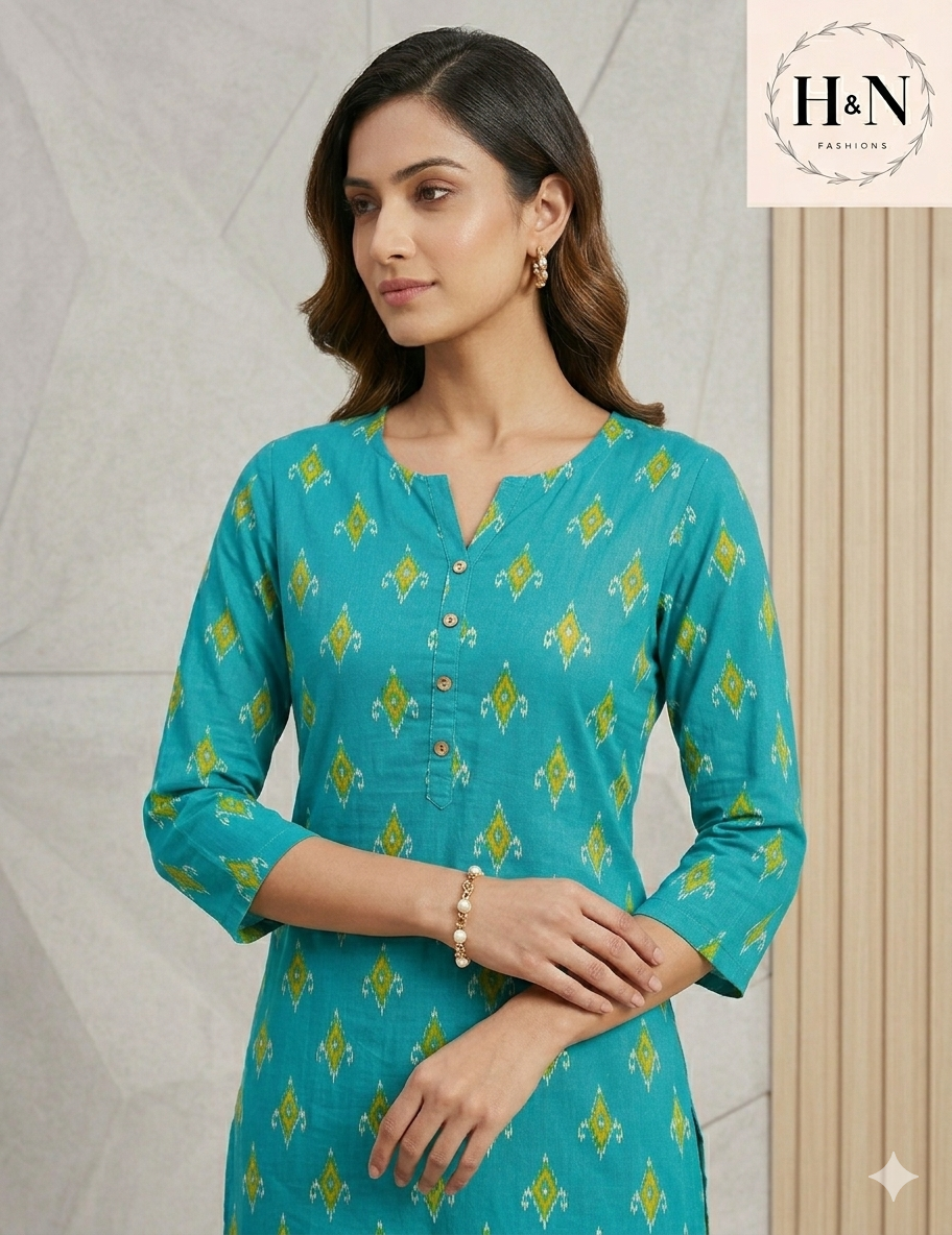 Turquoise Cotton Printed Kurta
