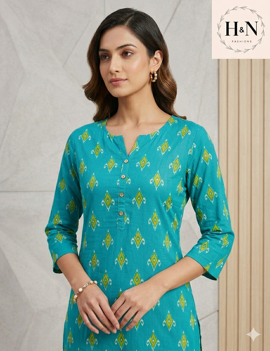 Turquoise Cotton Printed Kurta