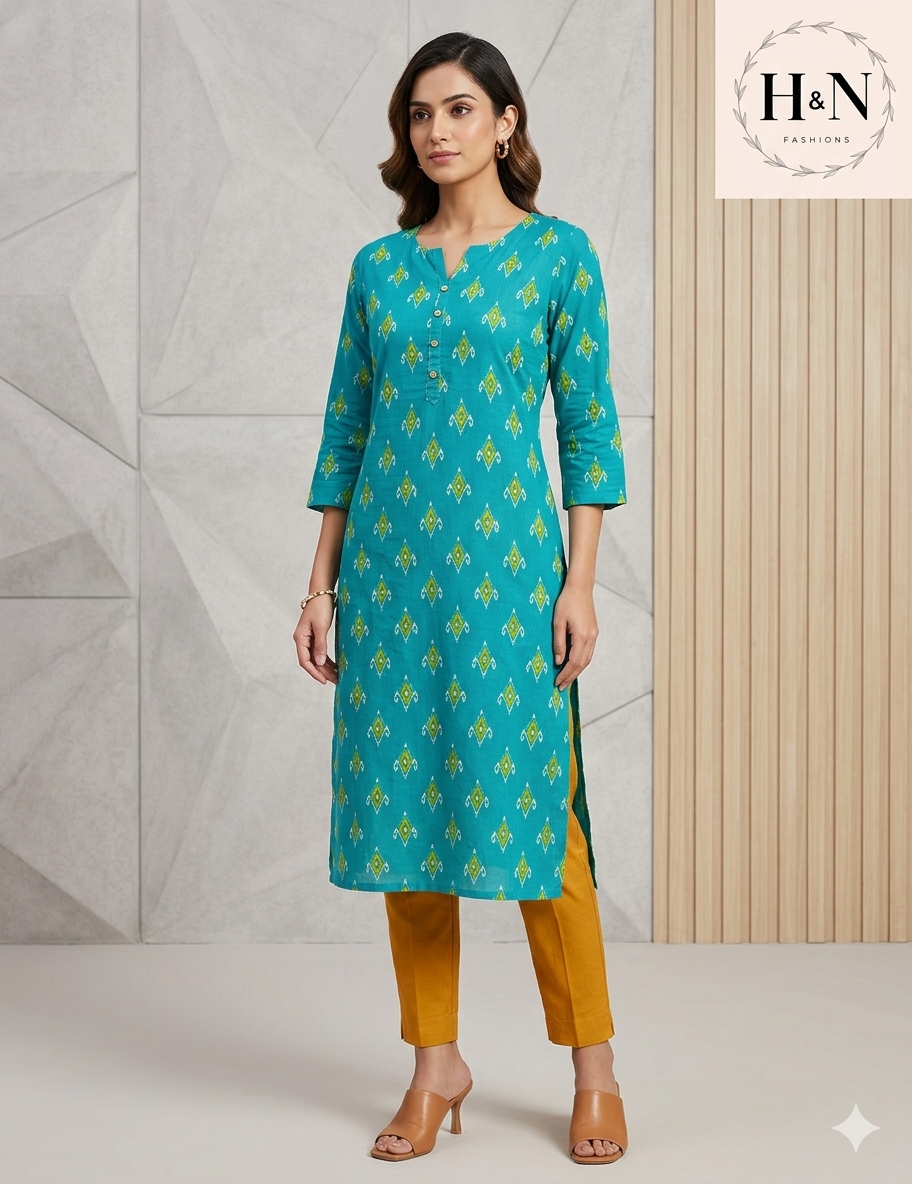Turquoise Cotton Printed Kurta