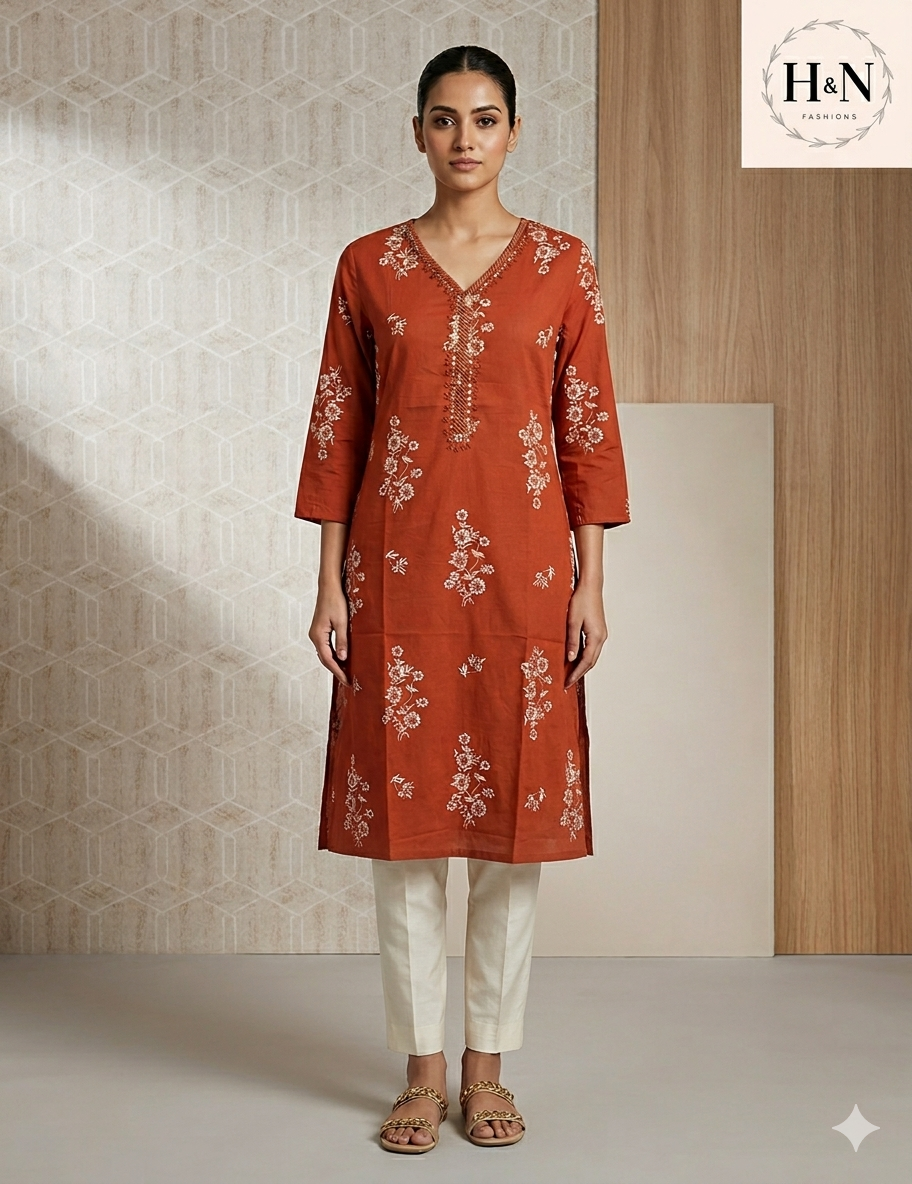 Rust Cotton Printed Kurta
