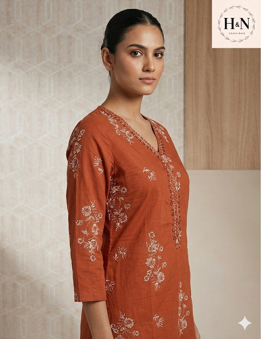 Rust Cotton Printed Kurta