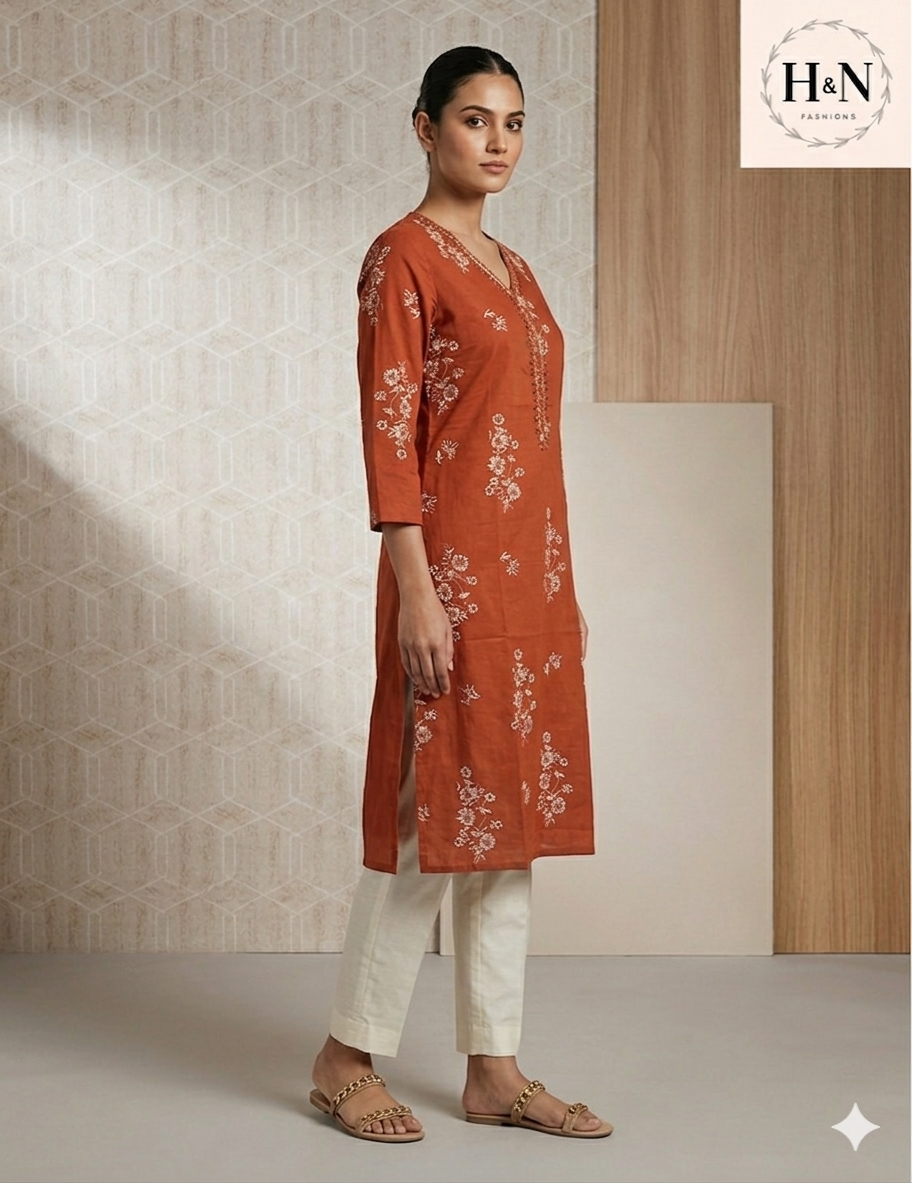 Rust Cotton Printed Kurta