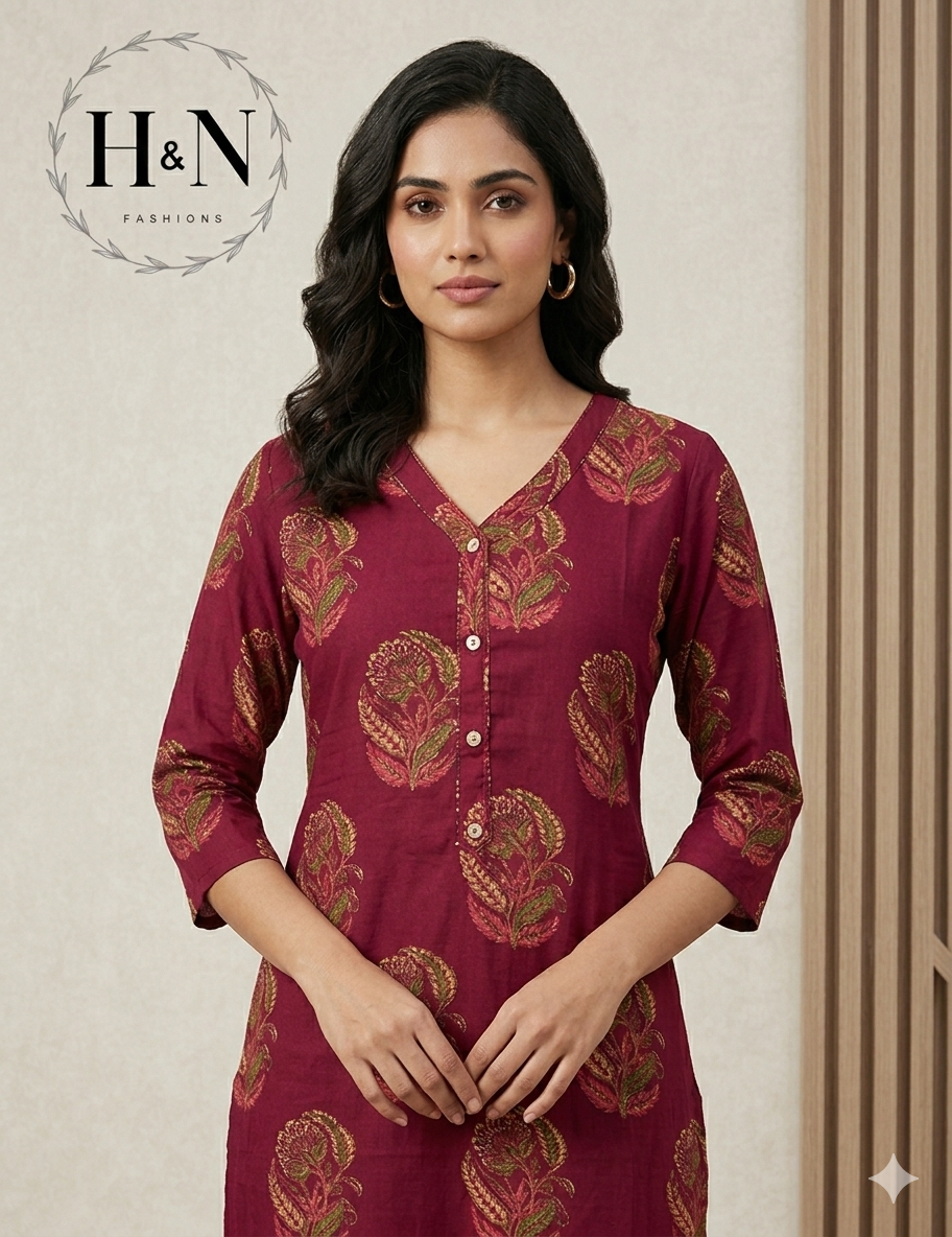 Deep Pink Cotton Printed Kurta