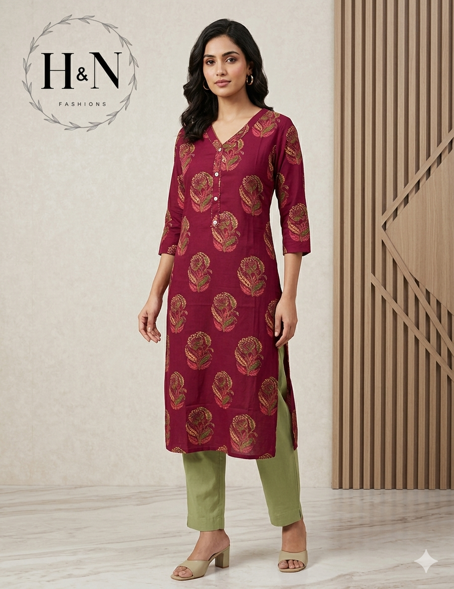 Deep Pink Cotton Printed Kurta