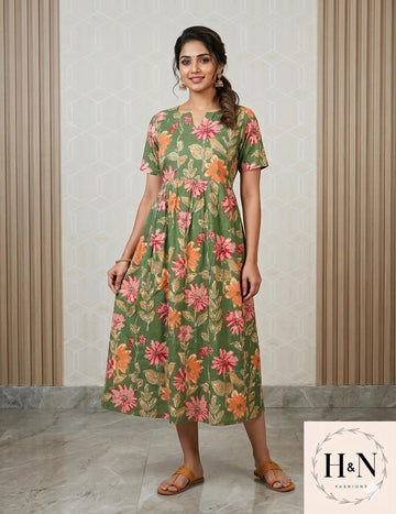 Green Floral Printed Cotton Midi Dress