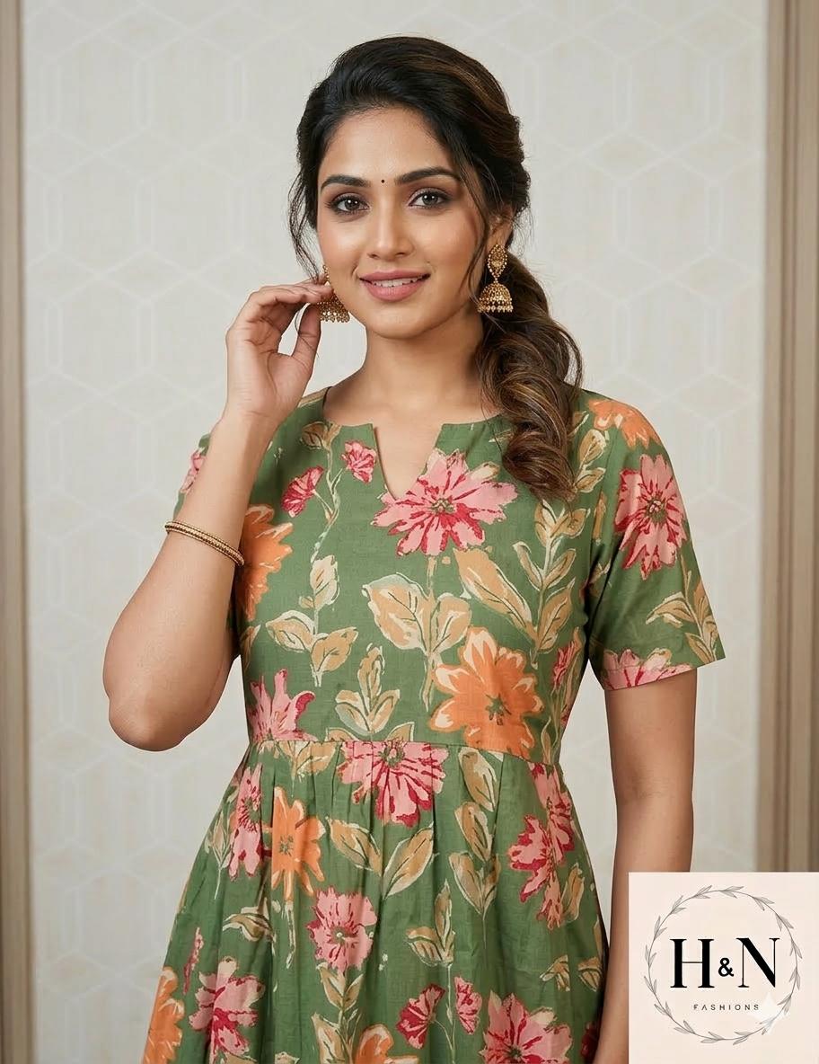 Green Floral Printed Cotton Midi Dress
