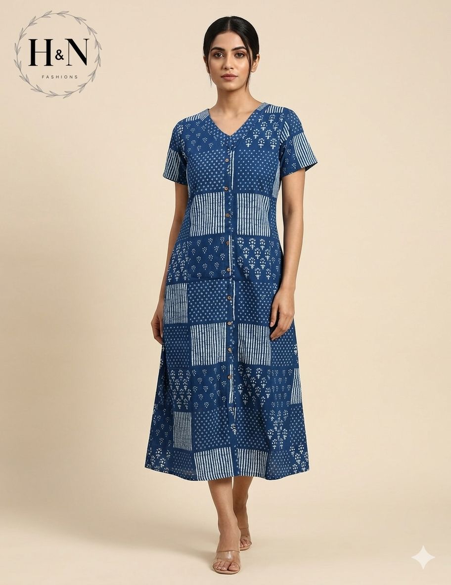 Blue Printed Midi Dress