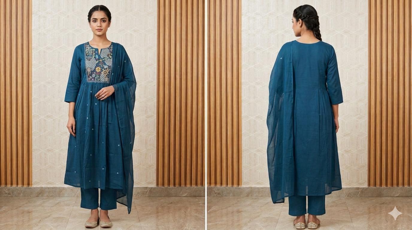 Blue Cotton Embroidered Salwar Set with Dupatta