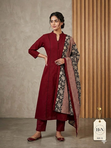 Maroon A-line Kurta Set with Contrast Printed Dupatta