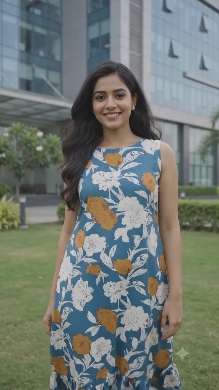 Dusty Blue Cotton Printed Midi Dress