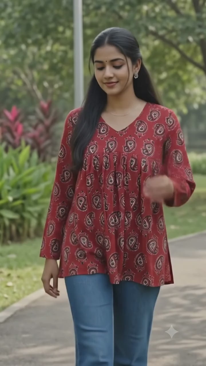 Paisley Print Gathered Cotton Top – Rust Red